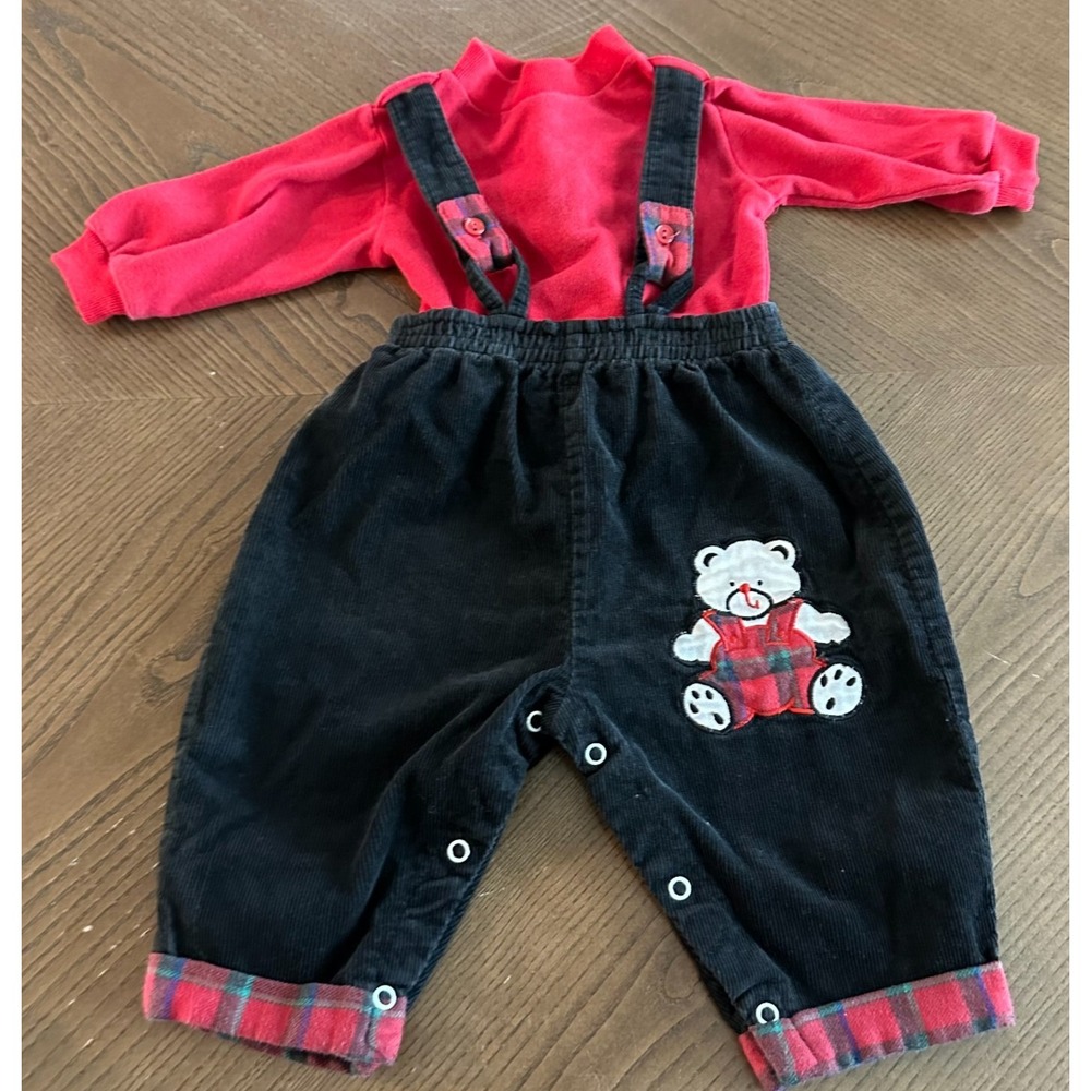 Vintage 90s Coruroy Romper Overalls Black Red 0/3‎ Months Teddy Bear Baby